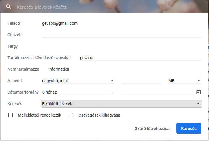 összetett keresés lehetősége a Gmail fiók keresés mezőjénél