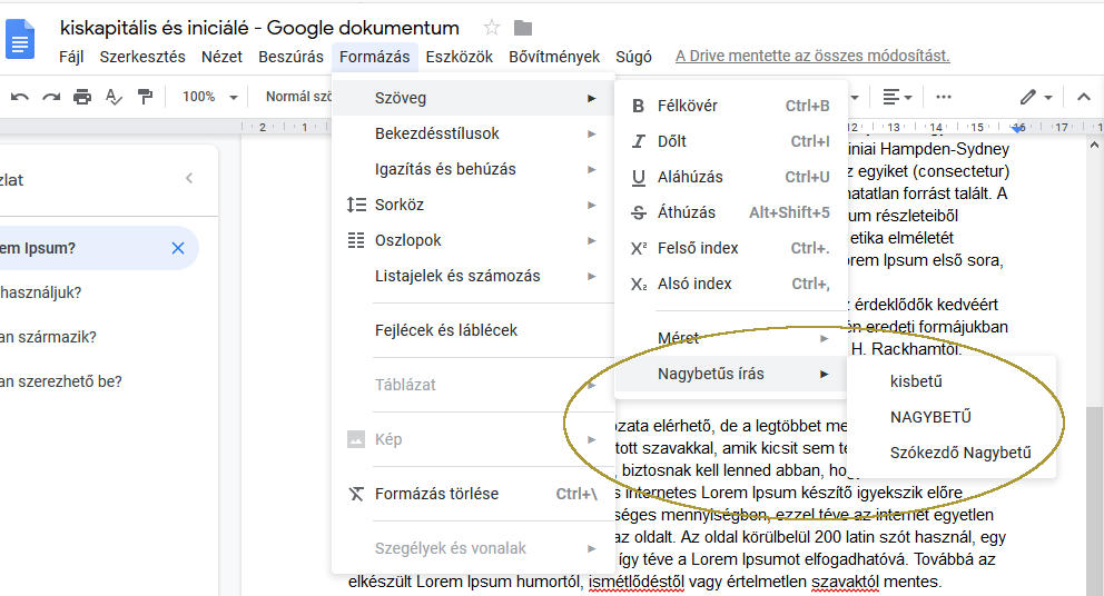 Google dokumentumban a nagybetűs formázások