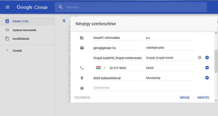 Gmail címtár - névjegyek