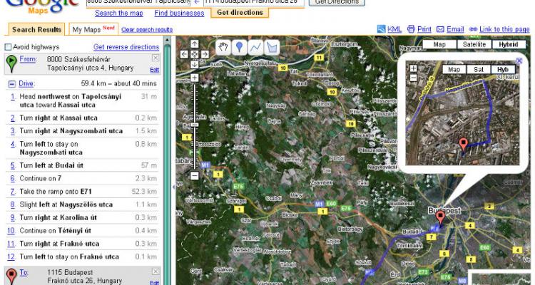 Google Maps - útvonalterv